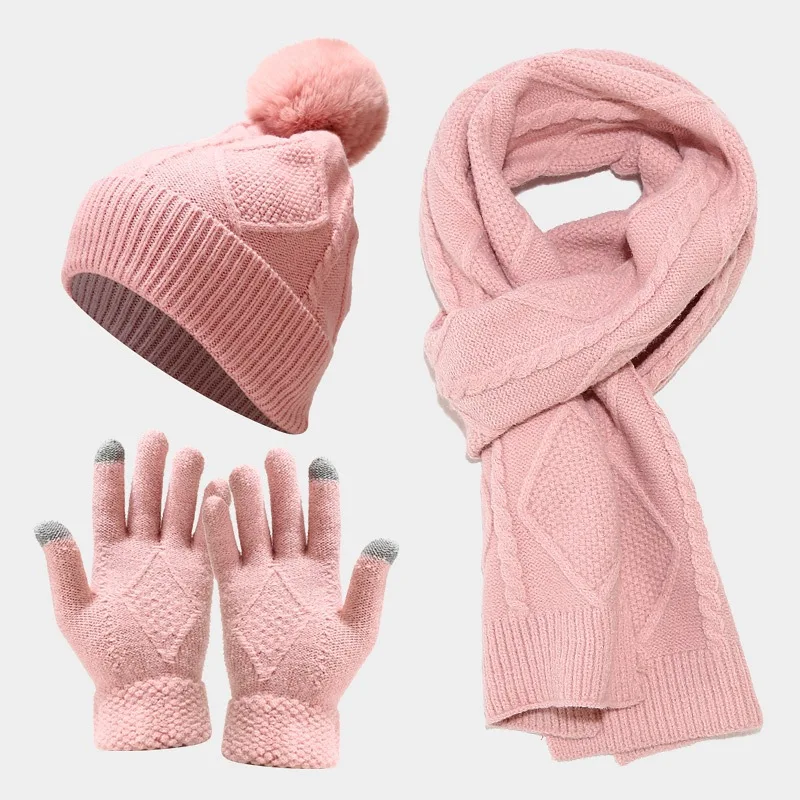 Womens Scarf Sets Winter Hat Scarf Gloves Knitted Keep Warm Scarves Simple Solid Color Clothes Accessories Thick Soft Scarf Set