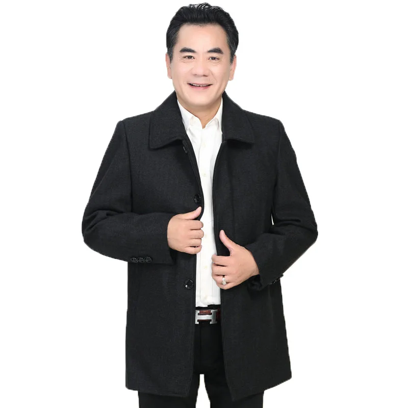 

Man Black Tweed Coat Winter Autumn Wool Blend Overcoat Father Elegant Business Casual Turn Down Collar Single Breasted Apparel