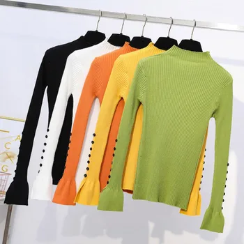 

Knit Sweater Women Solid Color Slim Trumpet Sleeve Half-neck Collar Bottoms Sweater Autumn Winter Button Sleeve Sweater new