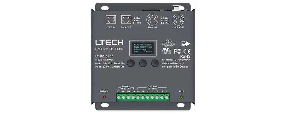 LT-905/LT-905-OLED контроллер dmx декодера; DC12-24V вход; 5A* 5CH outputRGB/RGBW+ CCT декодер XLR-3/RJ45