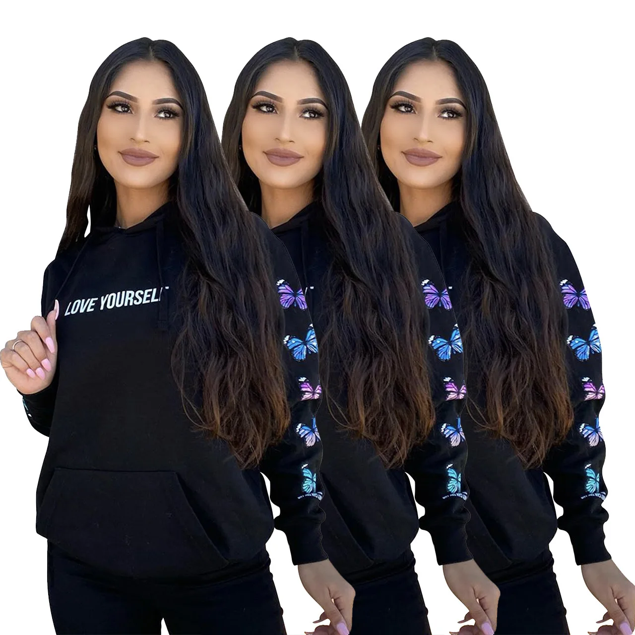 

New Arrival Autumn Hoodie Women Hot Selling Solid-color Butterfly Print & Letter Love Yourself Print All-matching Hooded Tops