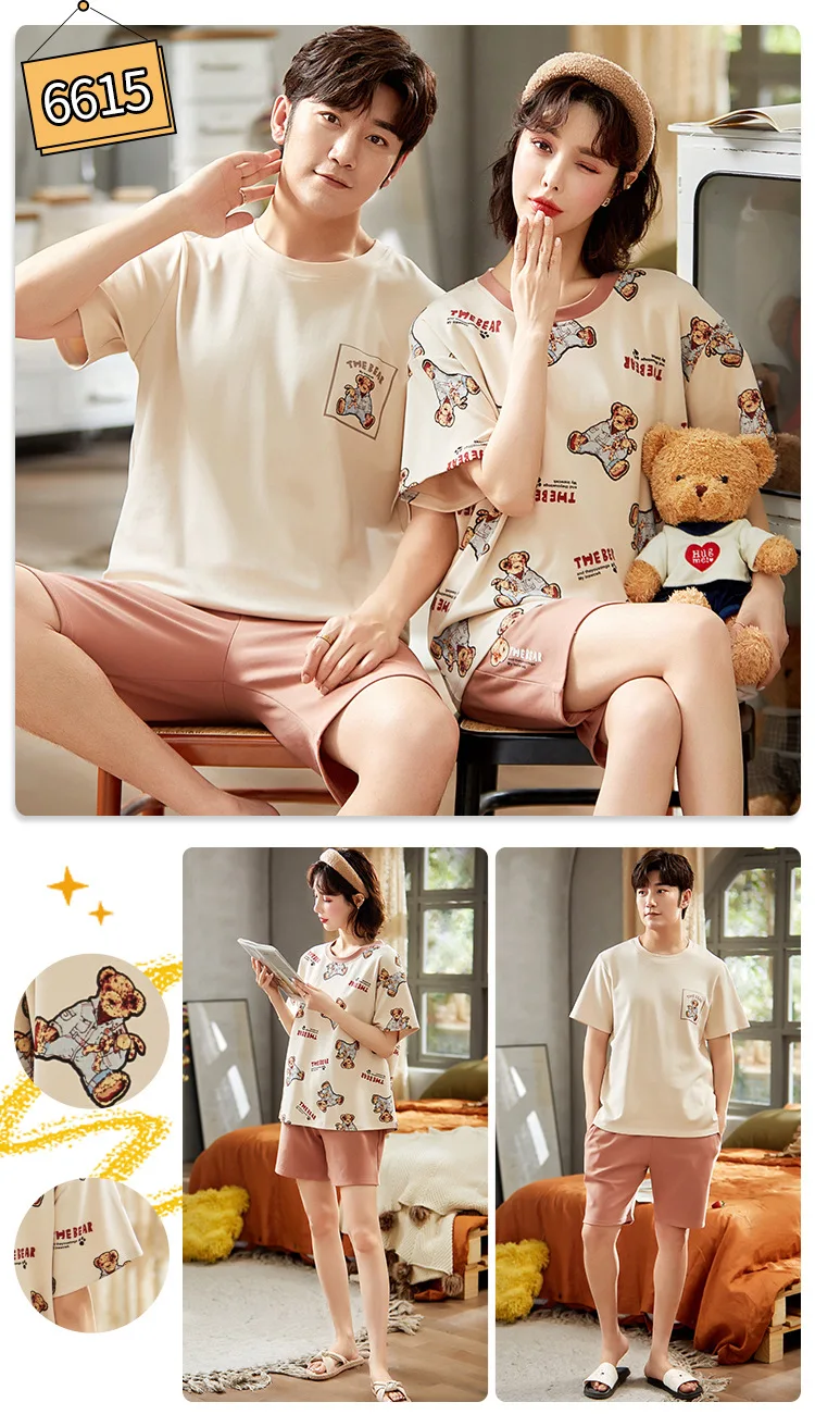 Summer Cotton Pajamas Sets Fashion Blue Short Sleeve Couple Sleepwear Leisure Plus Size Men's Homewear Korean Cute Women Pajamas ladies pyjamas sets