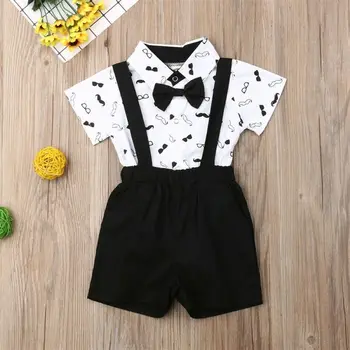 

Newborn Baby Boys Wedding Formal Suit Bowtie Short Sleeve Whiskers Shirts Romper +Bib Short Pants Outfit Set