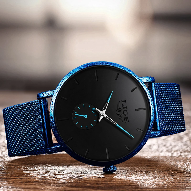Часы наручные LIGE Мужские кварцевые ультратонкие модные брендовые люксовые синие