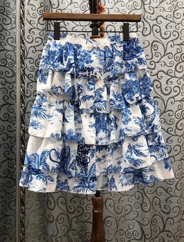 

2020 Spring and Summer New Women's Layers Ruffled Stitching Printing Decorative A- line Pendulum Wild Skirt 416