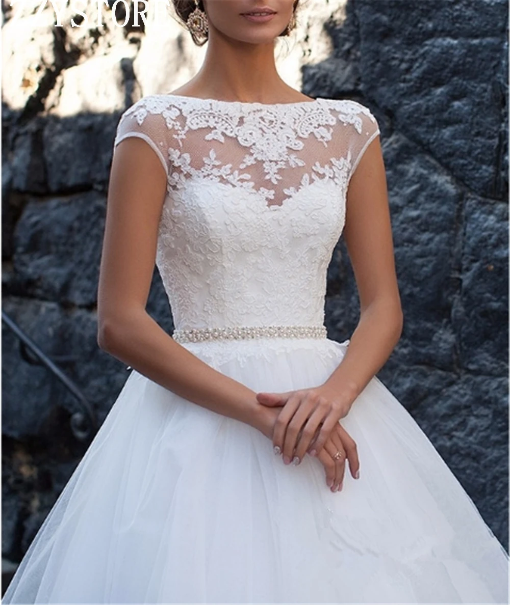 

Gorgeous White Scoop Backless Zipper Up Cap Sleeves beading ball gown Organza And Tulle Appliques Beading wedding dress vestidos