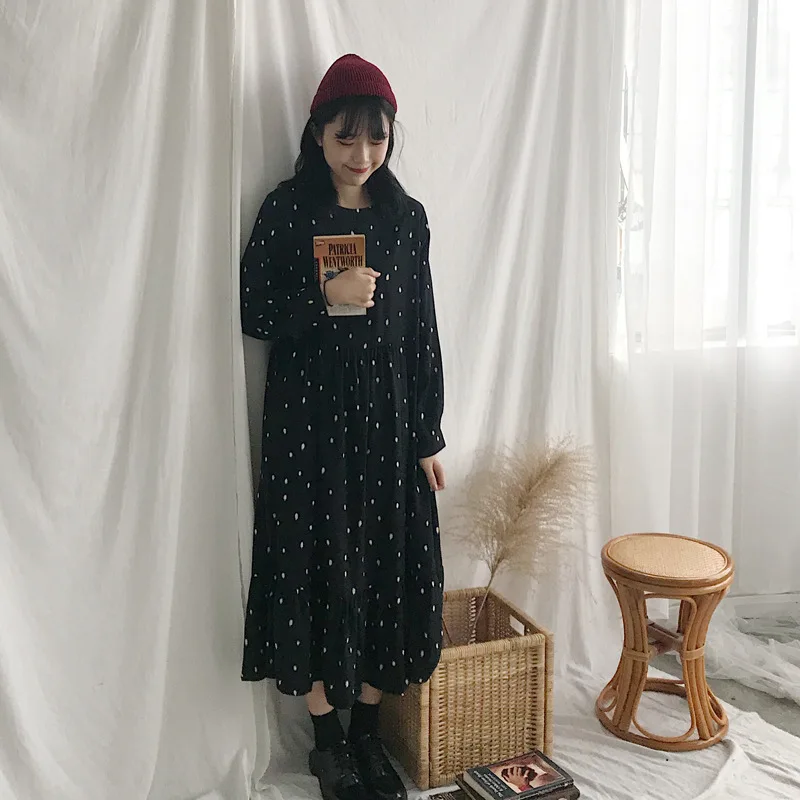 

Photo Shoot 2019 Spring New Style WOMEN'S Dress Floral Polka Dot Long-sleeved Dress Medium-length Dress Base Skirt