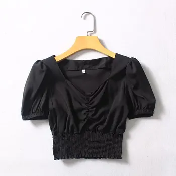 

Women White Blouse Shirt Crop Top Short Sleeve Stretch Slim Blouse 2020 Summer Short Ruffle Blusas Top