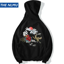 Harajuku Embroidery Crane Rose Hoodies Men Hooded Pullover Sweatshirts Streetwear Hip Hop Casual Black Hoodie Tops WO027