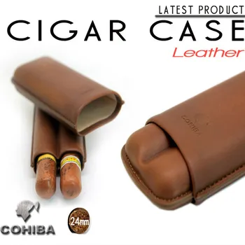 

Cohiba Brown Genuine leather cigar case Humidor 2 tube Portable Travel Men's Gadget HY-1202L