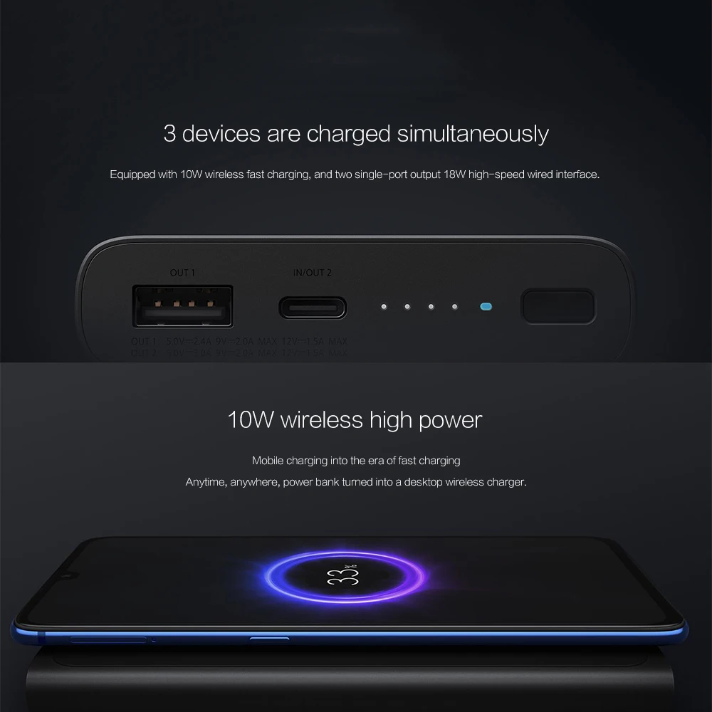  Xiaomi 10000mAh banco de energía inalámbrico de Qi rápido cargador inalámbrico USB tipo C mi Powerb