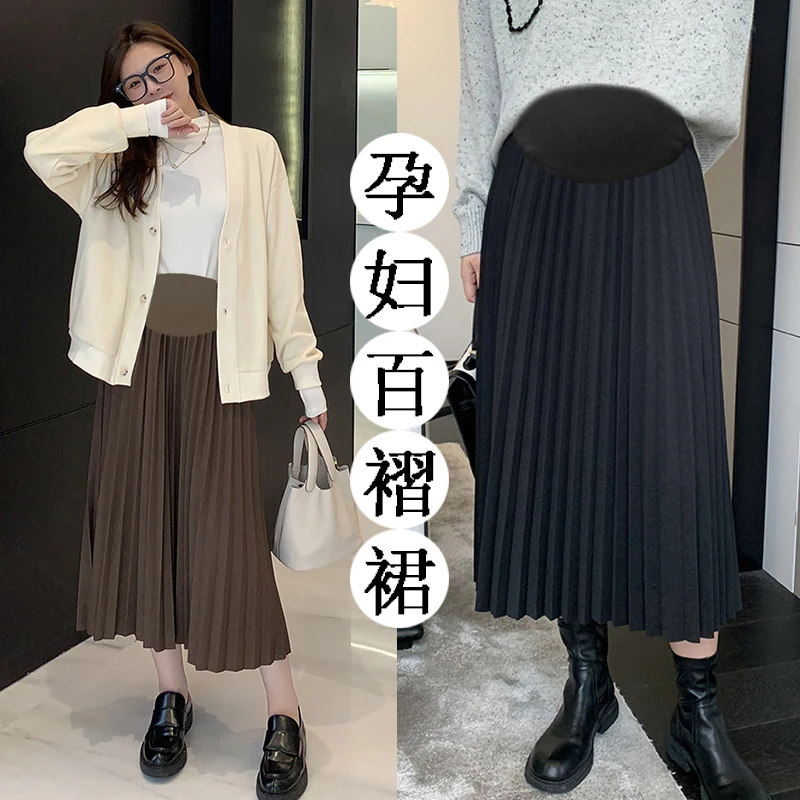 8168# Autumn Winter Korean Fashion Thicken Warm Pleated Maternity Skirts Chic Ins A Line Loose Belly Clothes for Pregnant Women