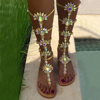 

Woman Bohemia Sandal Boots Rhinestone Lady Knee High Boots Thin High Heels Stiletto Crystal Dress Summer Shoes Sandalias