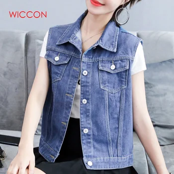 

Red Blue Basic Denim Vest Women Cropped Slim Sleeveless Jeans Jackets For Women's Cowboy Vest