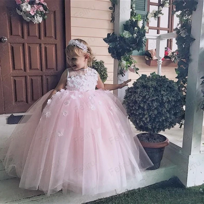 shuiyin117 (1)Baby Pink Ball Gown Flower Girls Dresses Sheer Neck Appliques Girls Pageant Dress Tulle Lovely Kids Party Dress Formal Wear