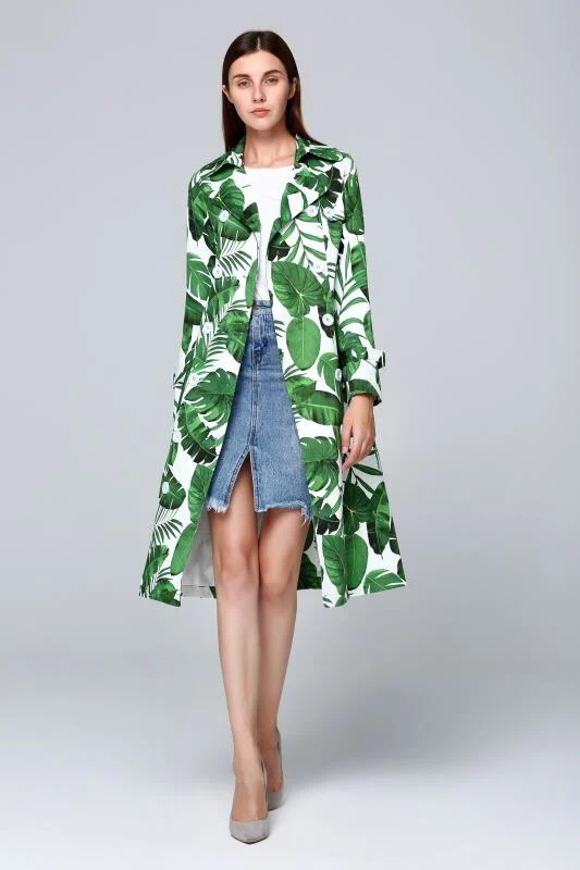 

2019 Long-length Windbreaker Jacket Composite Woven Cotton Fabric Geometric Full Turn-down Collar Double Breasted Wide-waisted
