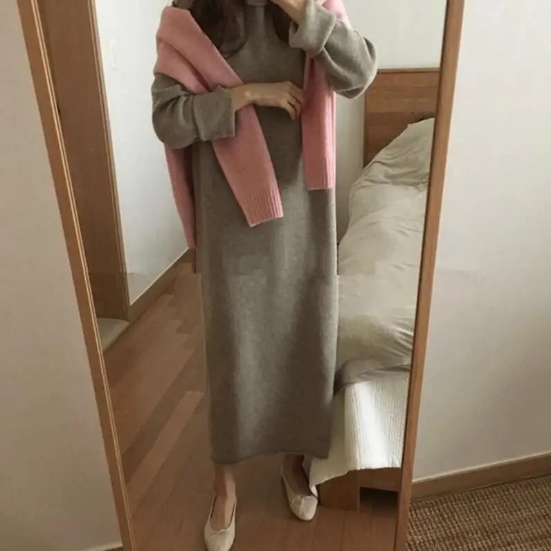 oat color Новинка, теплый свитер Vestidos, женский осенне-зимний длинный свитер, вязаный свободный макси, большой размер, женские облегающие длинные свитера - Цвет: oat color