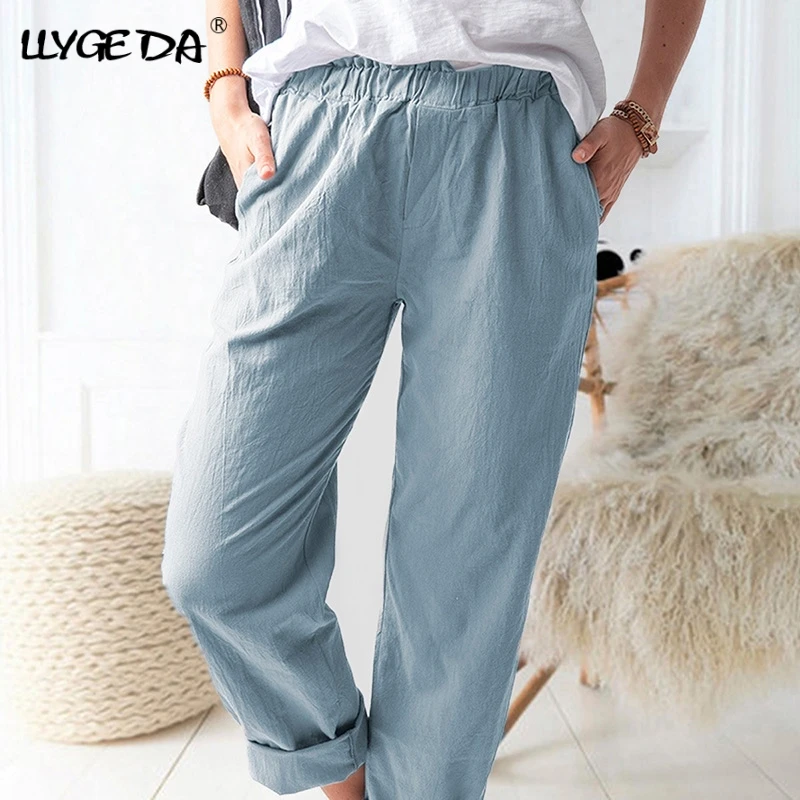 leather pants Cotton Linen Big Pocket Thin Women's Pants Solid Elastic Waist Pant For Women 2021 Summer Straight White Homewear Trousers capris