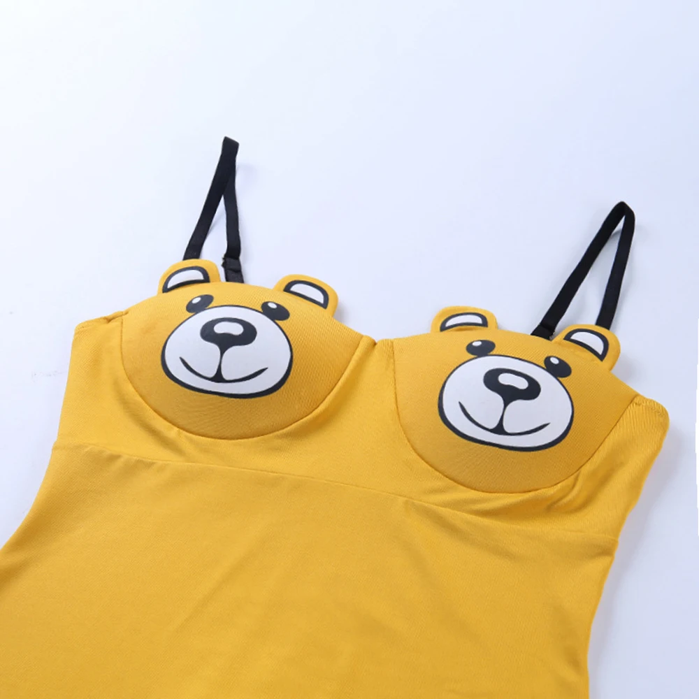 Cute Women Girls Bear Bodysuits Yellow Spaghetti Straps Rompers Outfits Sleeveless Bodycon Bodysuits Short Jumpsuits Overalls