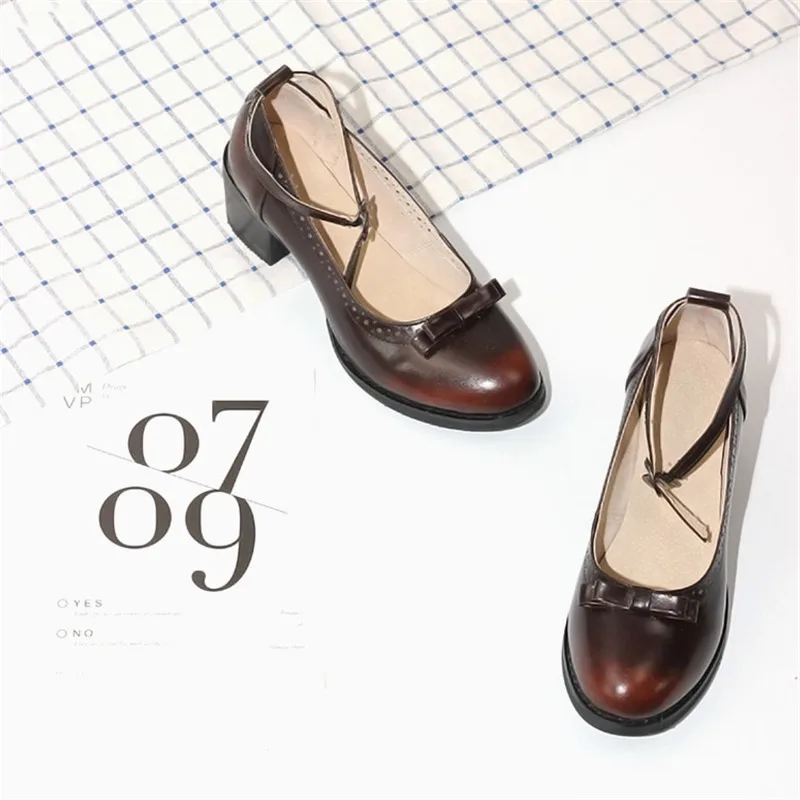 Japanese Buckle Strap Bow Women Oxford High Thick Heels Lolita Shoes British Genuine Leather Single Brogues Shoes Woman Size 43 (28)