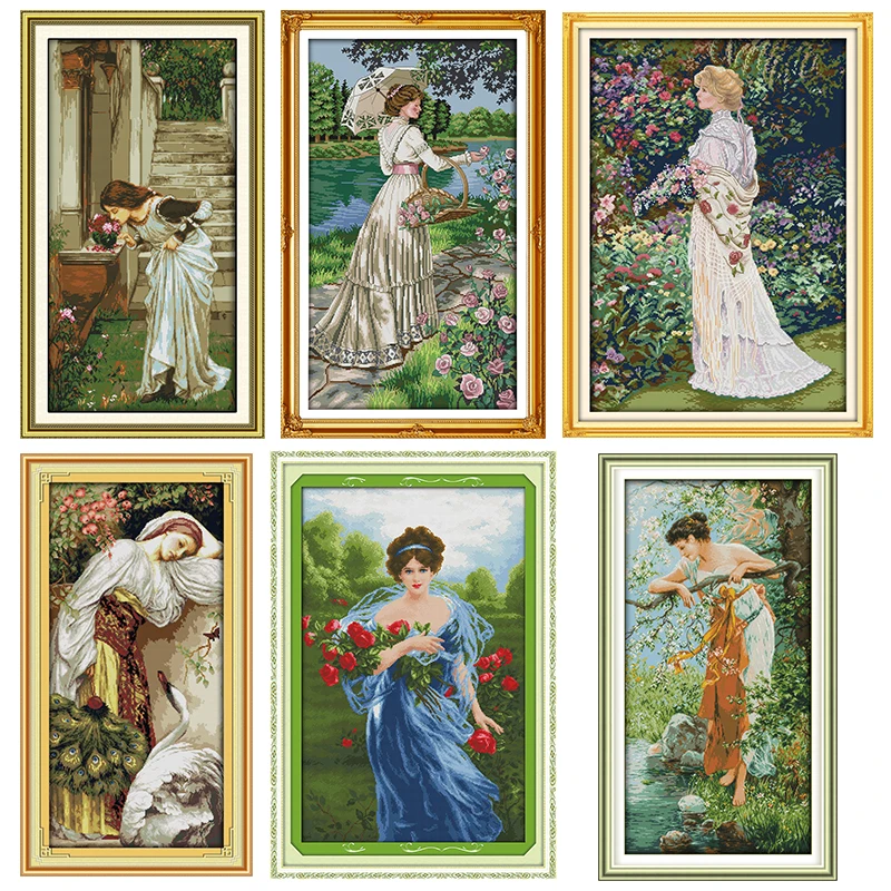 Garden picking the flower and smelling flower girl series count and stamping cross stitch 14CT11CT embroidery kit needlework kit cross stitch kit peony embroidery kit