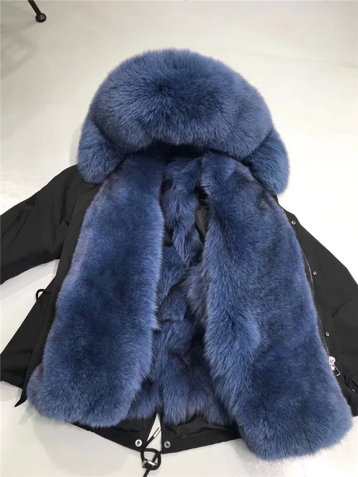 sea blue liner Новинка, зимнее женское пальто с капюшоном и большим воротником из лисьего меха, зимняя куртка с отстегивающейся подкладкой из лисьего меха, женская верхняя одежда - Цвет: sea blue liner