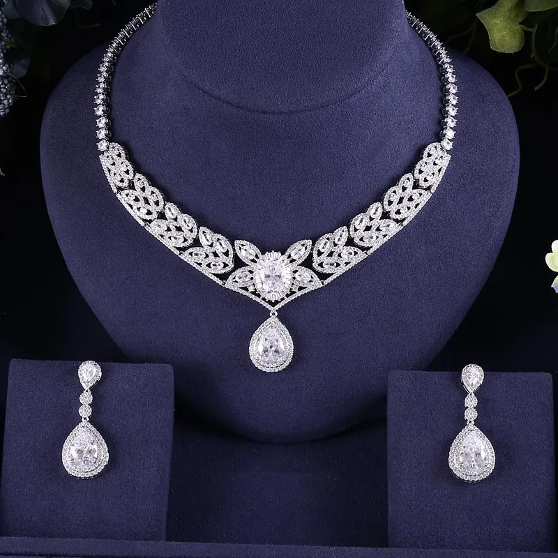 Accking Luxury water drop Bridal Jewelry Sets For Women CZ Wedding Party Accessories necklace earrings Gift