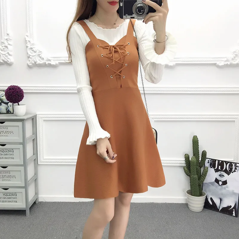 Vest skirt Khaki Свободный свитер-Платье Повседневный весенне-осенний корейский длинный вязаный пуловер жилет v-образный вырез женский джемпер без рукавов Vestidos - Цвет: Vest skirt Khaki