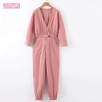 

V-neck Long-sleeved High-rise Pink Women's Jumpsuit Waist Long Sleeve Casual Cross Tooling Female Jumpsuit Chic Tops
