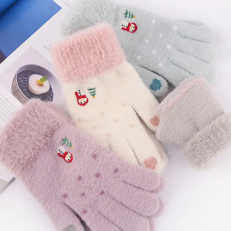 

1 Pairs Soft Warm Knitted Gloves Xmas Print Mittens Touch Screen Plus Velvet Thicken Imitation Mink Full Fingers Snowman