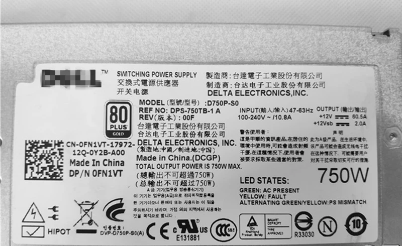 Блок питания для ноутбука Dell T710 R810 R815 R510 R910 750W Питание D750P-S0 DPS-480CB CNRJ9 FN1VT P25DV DPS-750TB-1 A