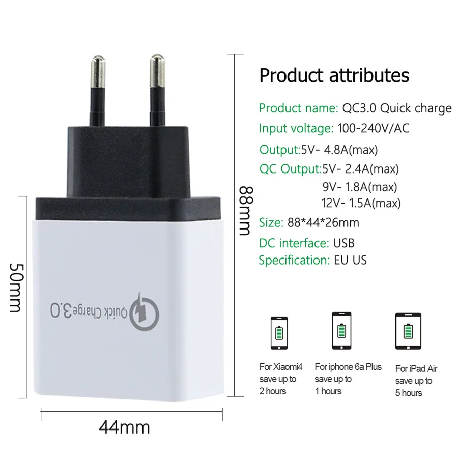 Универсальное быстрое зарядное устройство USB 18 Вт 3,0 5V 3A для Iphone 7 8 EU US Plug для мобильного телефона, быстрое зарядное устройство для Samsung s8 s9 huawei