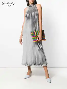 

Halinfer2019Elegant Dress High Quality O-neck Pleated Bodycon Maxi Celebrity Wedding Cocktail Party Dress Vestidos Drop Shipping