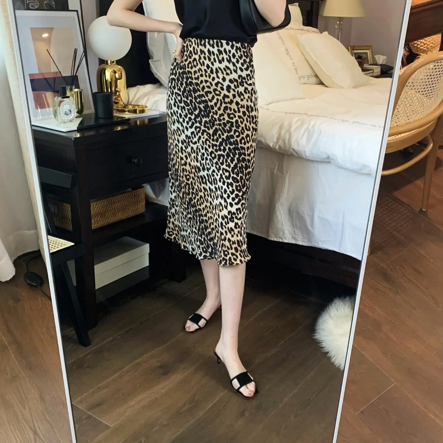 

100% Silk Leopard Print Ladies Skirts Women Casual Midi Sexy Skirt