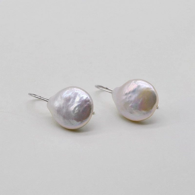Short pearl earrings. Natural white coin baroque pearl. 925 sterling silver hook. Women's pearl earrings, simple style