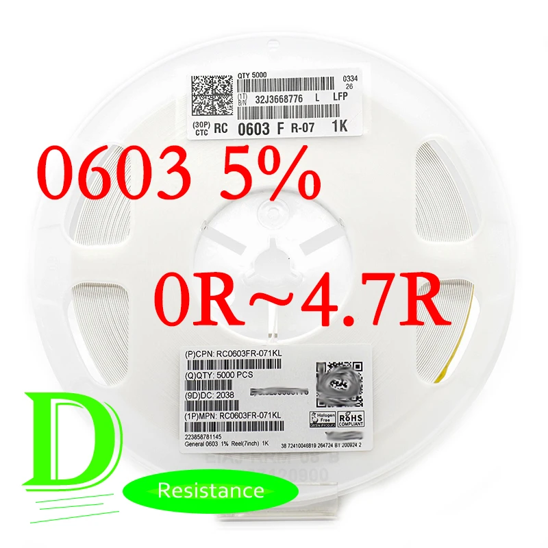 100PCS SMD резистор 0603 5% RC0603JR-07 серии 0R 1R 1.1R 1.2R 1.3R 1.5R 1.6R 1.8R 2R 2.2R 2.4R 2.7R 3R 3.3R 3.6R 3.9R 4.3R 4.7R |