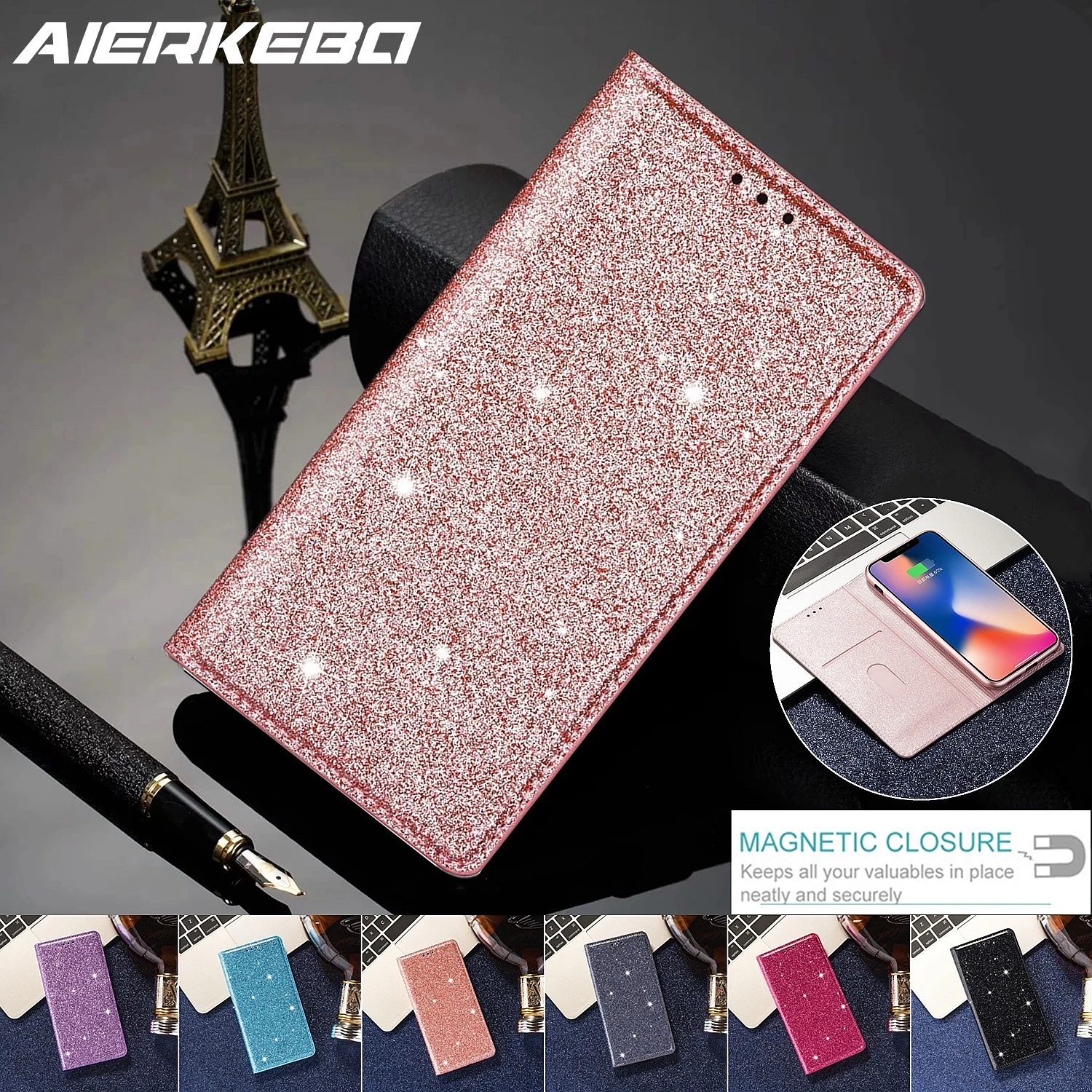Glitter Leather Magnetic Flip Case for iPhone 16 15 14 13 11 12 Pro Max XR XS SE 8 7 Plus 16E Bling Wallet Card Holder Cover phone case leather phone case leather wallet case leather case