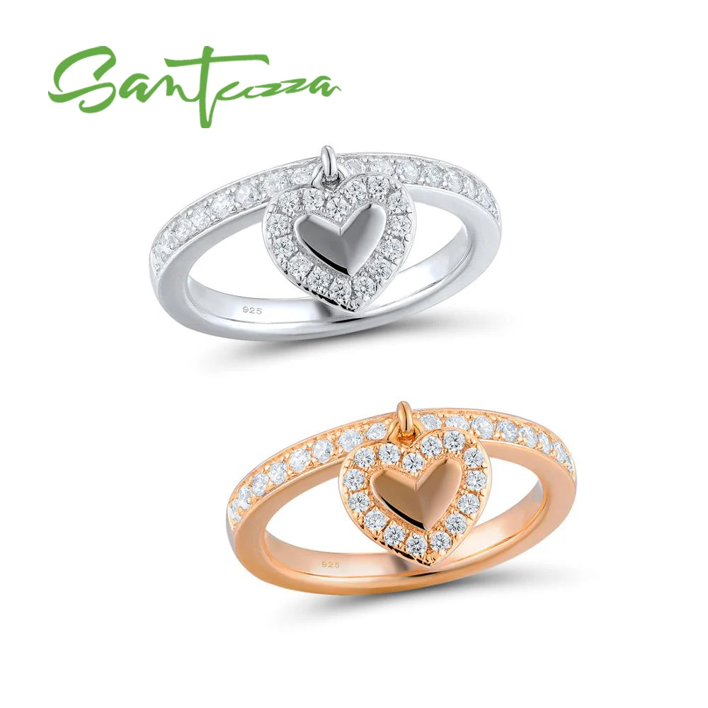 

SANTUZZA Silver Ring For Women 925 Sterling Silver Heart Female Rings Rose Gold Color Cubic Zirconia Ring Set Fashion Jewelry
