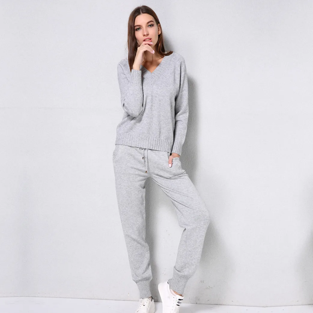 

Winter Sweater Suit Women's Suit Knit Suit Solid Color V-neck Sweater Trousers Suit Knitted Sweater Pants Set Women Streetwear