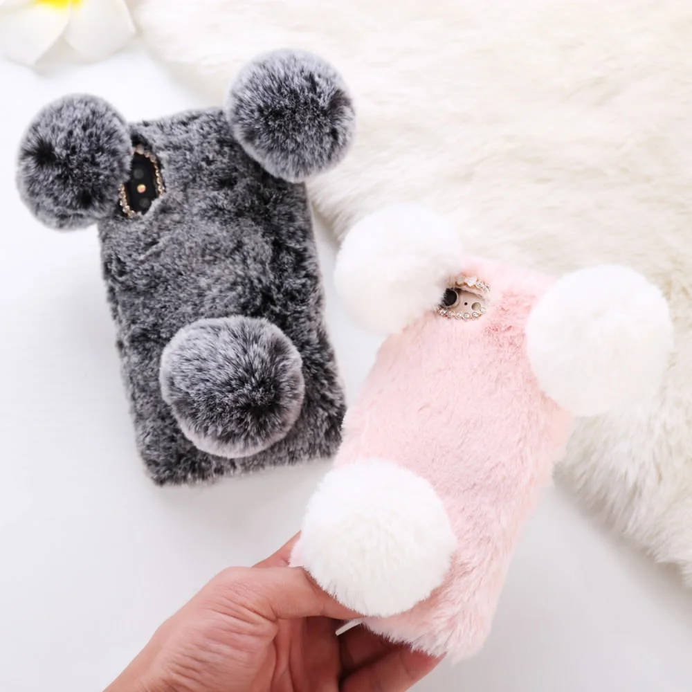 

LLZ.COQUE Rabbit Panda Black Fur Case for Samsung A3 A5 A6 A8 J3 J4 J5 J6 PLUS 2017 2018 Furry Soft TPU Cover Lovely Phone Cases