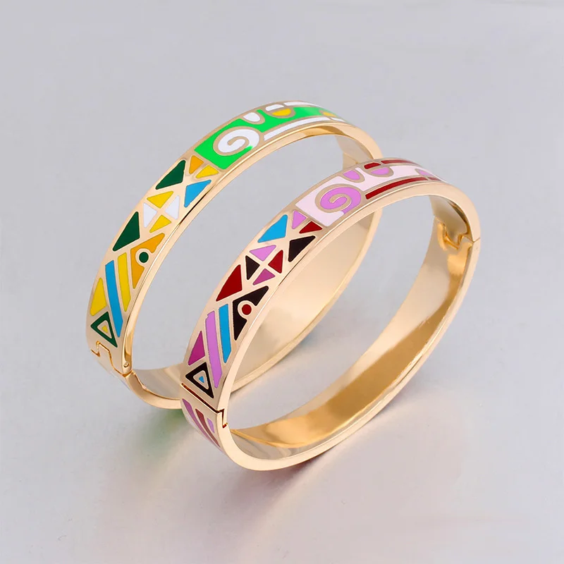 MECHOSEN Trendy Geometric Pattern Fine Enamel Gold Bangle Jewelry For Women Girls Party Holiday Gifts Fashion Accessories