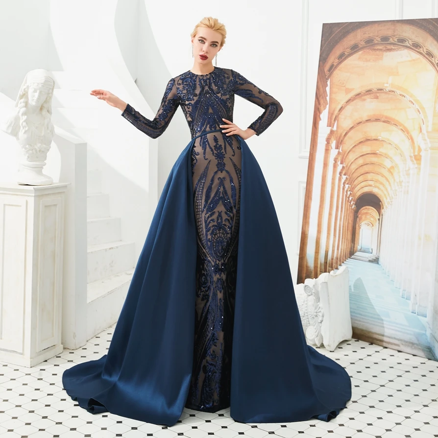 

Evening Dress Mermaid Detachable Train Prom Party Gown With Sequins long Sleeves Muslim Style Prom Gown dress barn closing