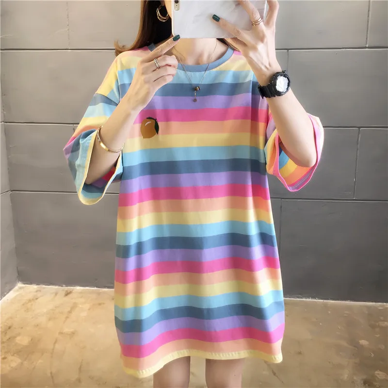 Summer Boyfriendy Loos Rainbow Striped T-shirts Women Plus Size Streetwear Harajuku Oversized T Shirt Casual Femme Tops Tees