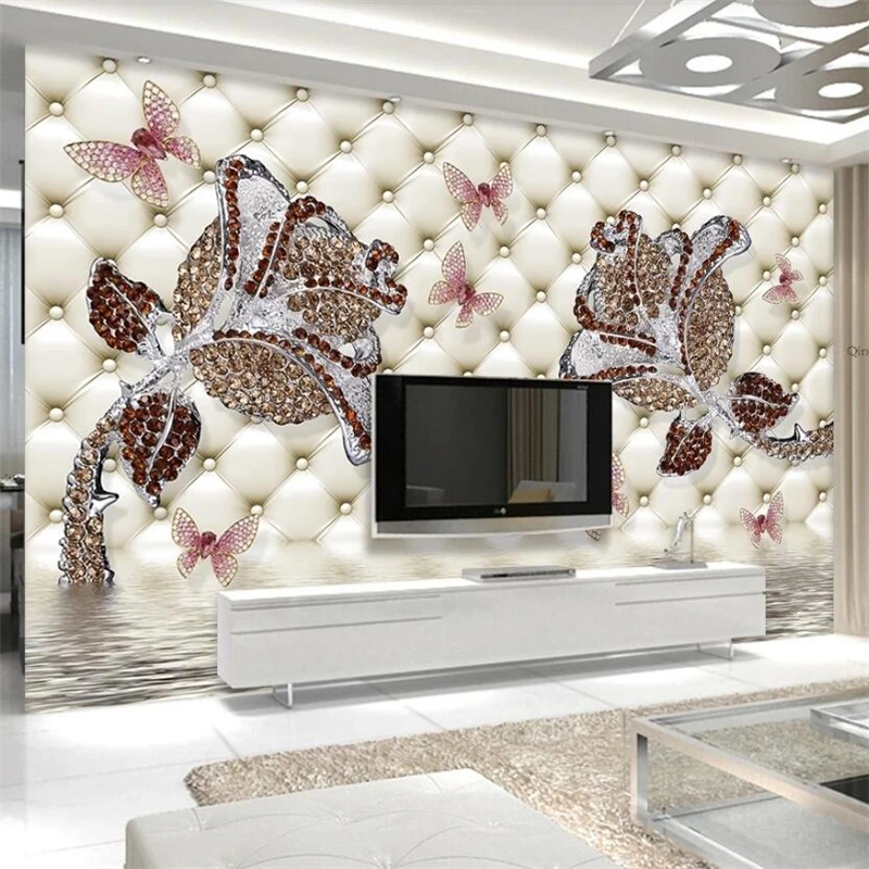 Customized Wallpaper 3d Diamond Rose Flower Water Reflection Jewelry  Background Wall Golden Glass Mural Living Room Bedroom обои|Wallpapers| -  AliExpress