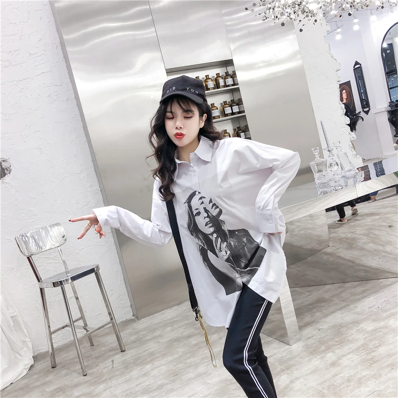 2020 Spring Summer Women Blouses BF style loose shirts Harajuku Streetwear Character Print Long Sleeve Blouses Shirts