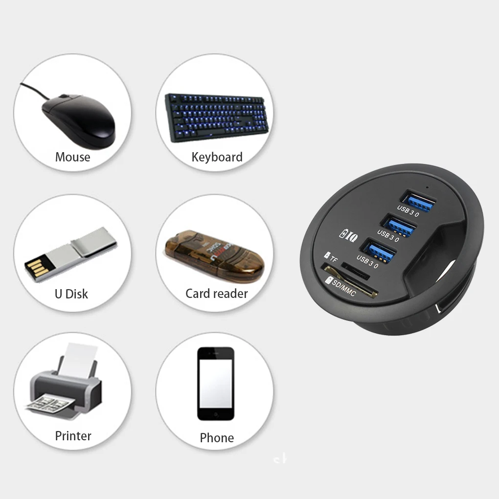 

USB Hub Office Table Round Charging Station Card Reader Desktop Plastic USB Adapter EU Plug