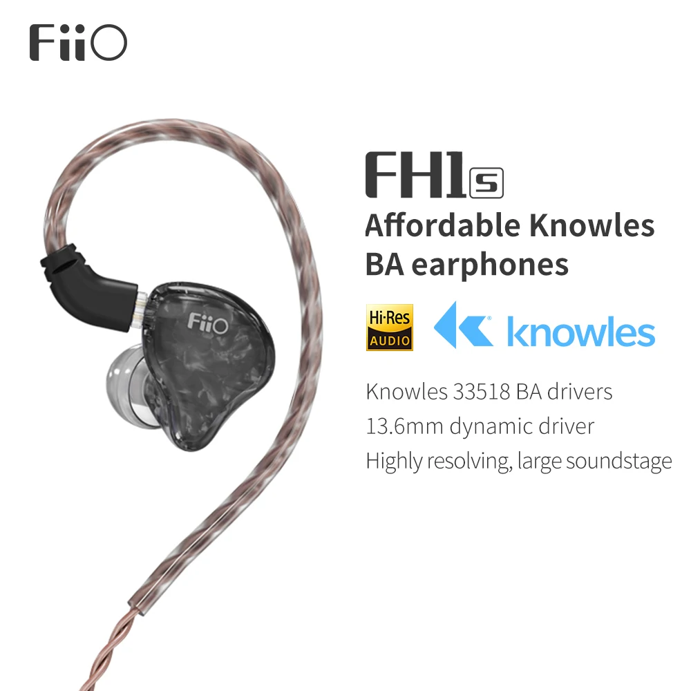 Стереонаушники FiiO FH1s Hi Fi 1BA(Knowles)+ 1 динамические гибридные наушники IEM с 2