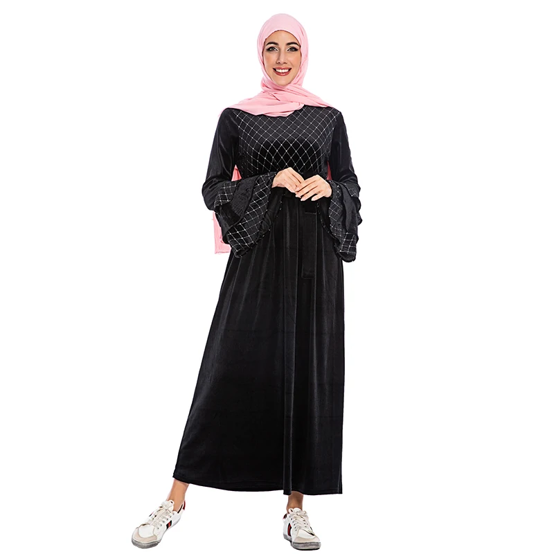 Плюс размер блесток Бархат абайя хиджаб с длинными рукавами мусульманское платье ислам одежда абайя s женский Восточный халат Caftan Дубай турецкие платья