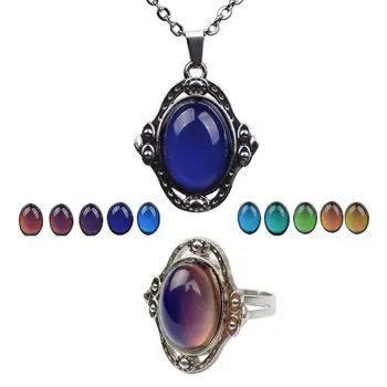 

1 Set Necklace Ring Vintage Stone Temperature Sensing Mood Emotion Change Color Personality Jewelry Fashion Set