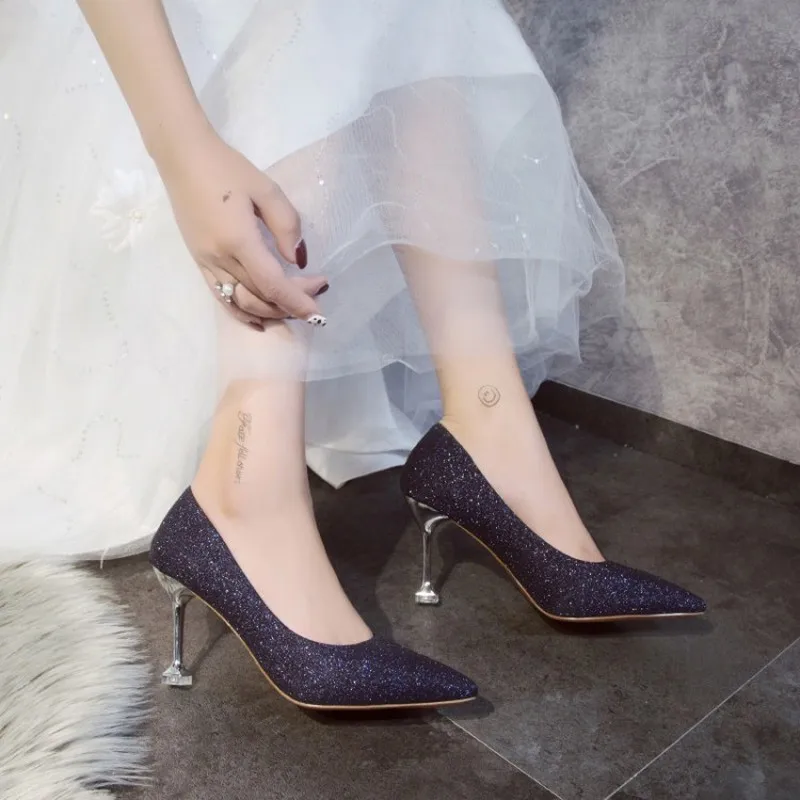 

Spring Autumn New Fashion Sequins High Heels Wild Pointed toe Bling Shallow Sexy Concise Elegant Banquet Wedding Shoes Y22-35